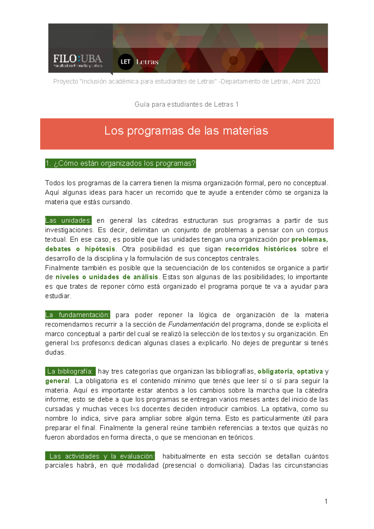 Guía para estudiantes de Letras 1 los programas de las materias - ¿Cómo ...