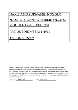 AED3701 2022 Assignment No-01 - ASSIGNMENT NO 1 MODULE: ASSESSMENT IN ...