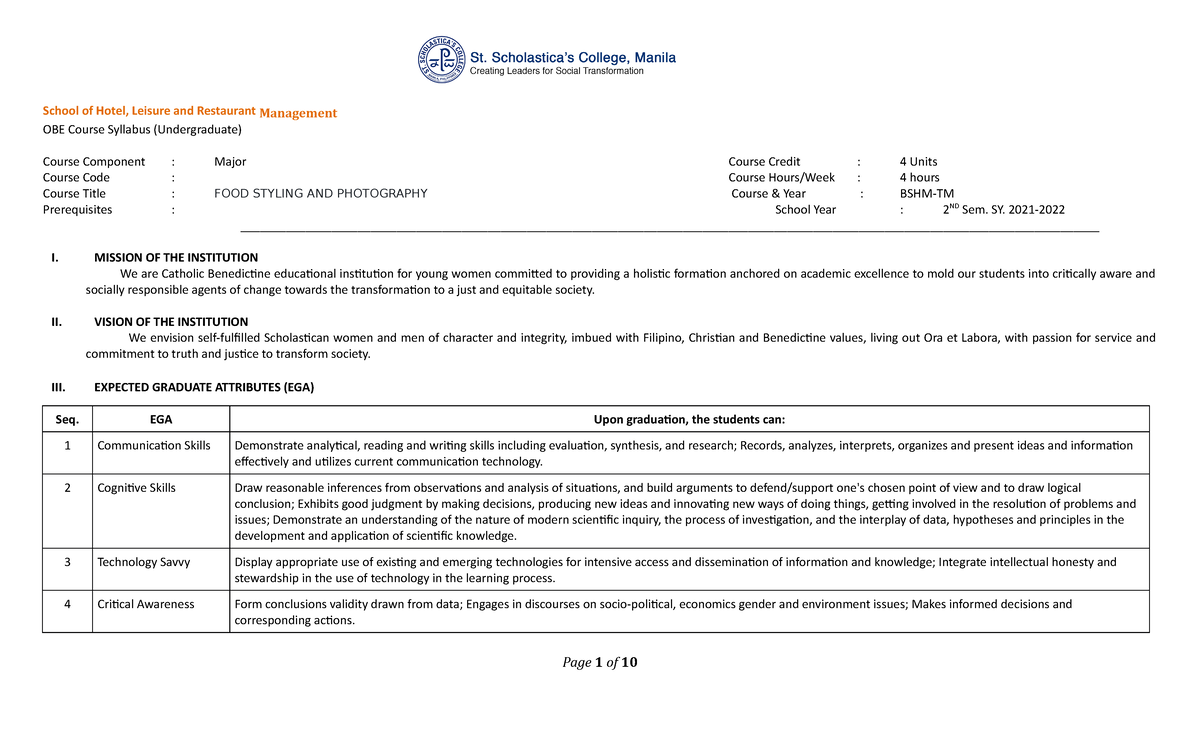 OBE Syllabus AOM FOOD Styling AND Photography School of Hotel