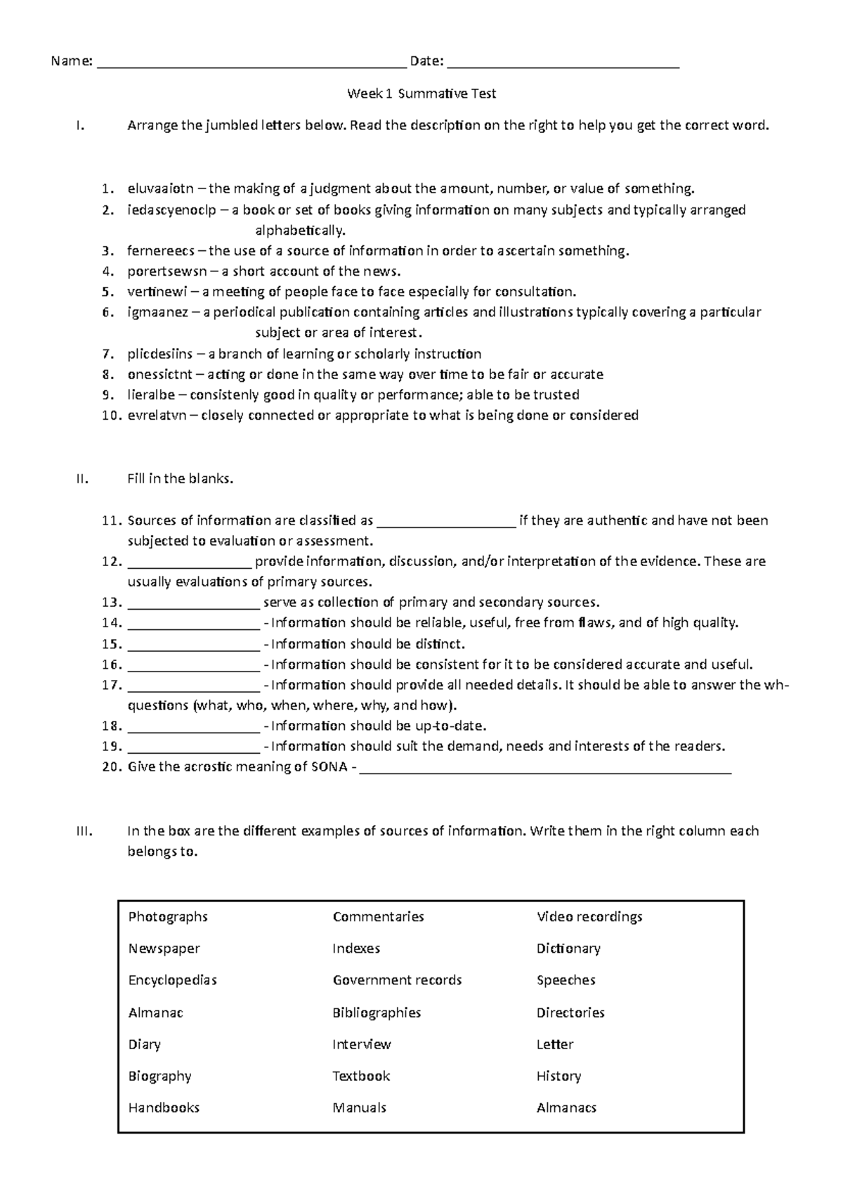 Information from Various Sources - Week 1 Test - Name