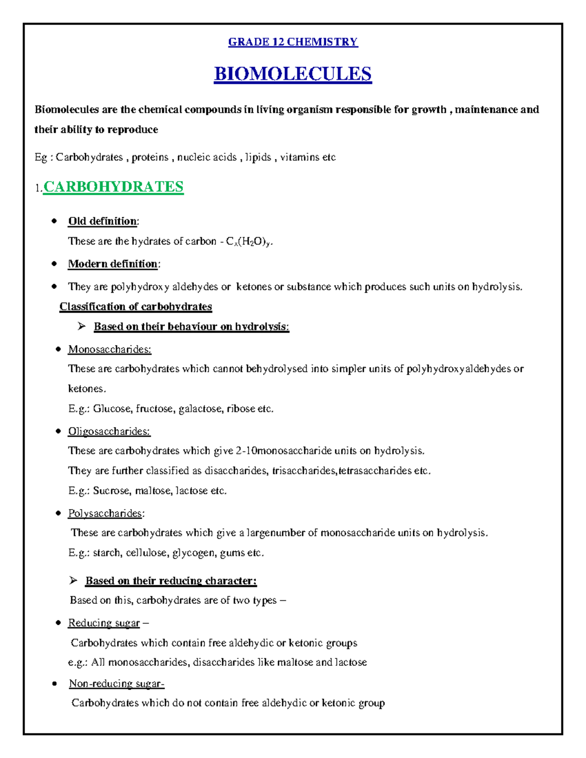 Biomolecules LECTURE NOTES GRADE 12 CHEMISTRY BIOMOLECULES