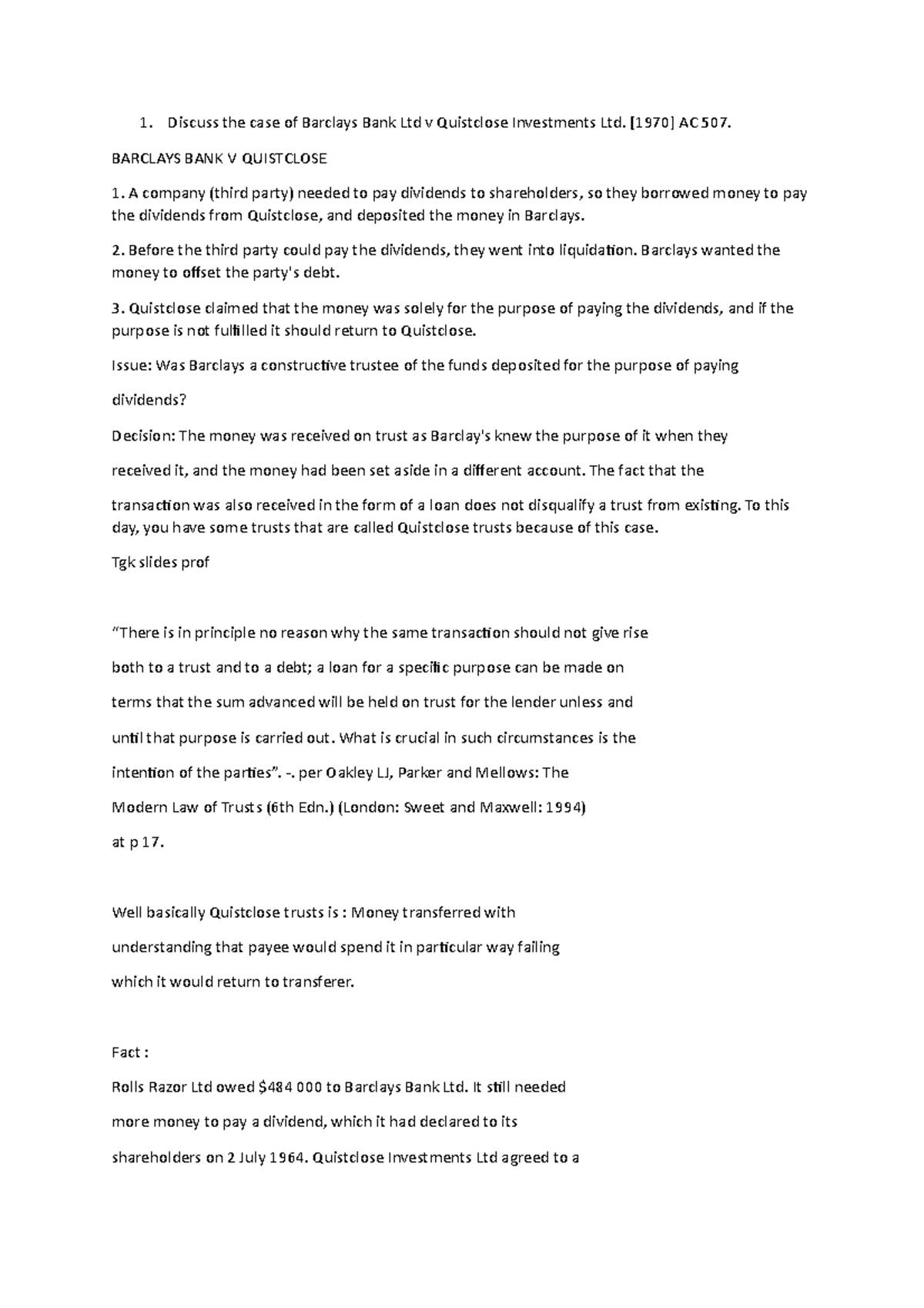 Discuss the case of Barclays Bank Ltd v Quistclose Investments Ltd