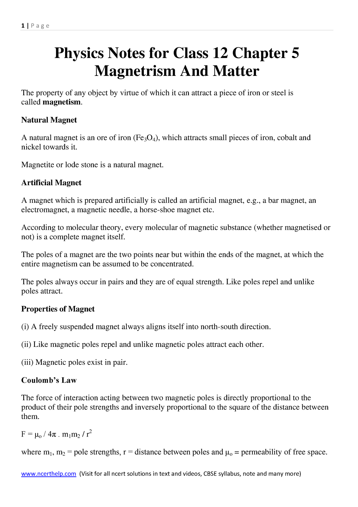 Magnetism And Matter 5 - Lecture Notes - Physics Notes For Class 12 ...