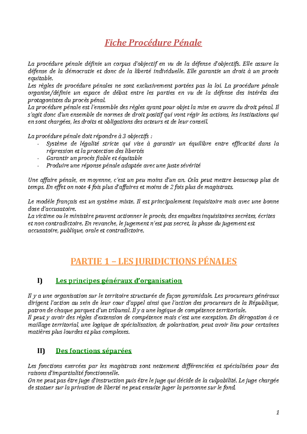 Fiche Procédure Pénale - Fiche La Un Corpus En Vu De La Elle Assure La ...