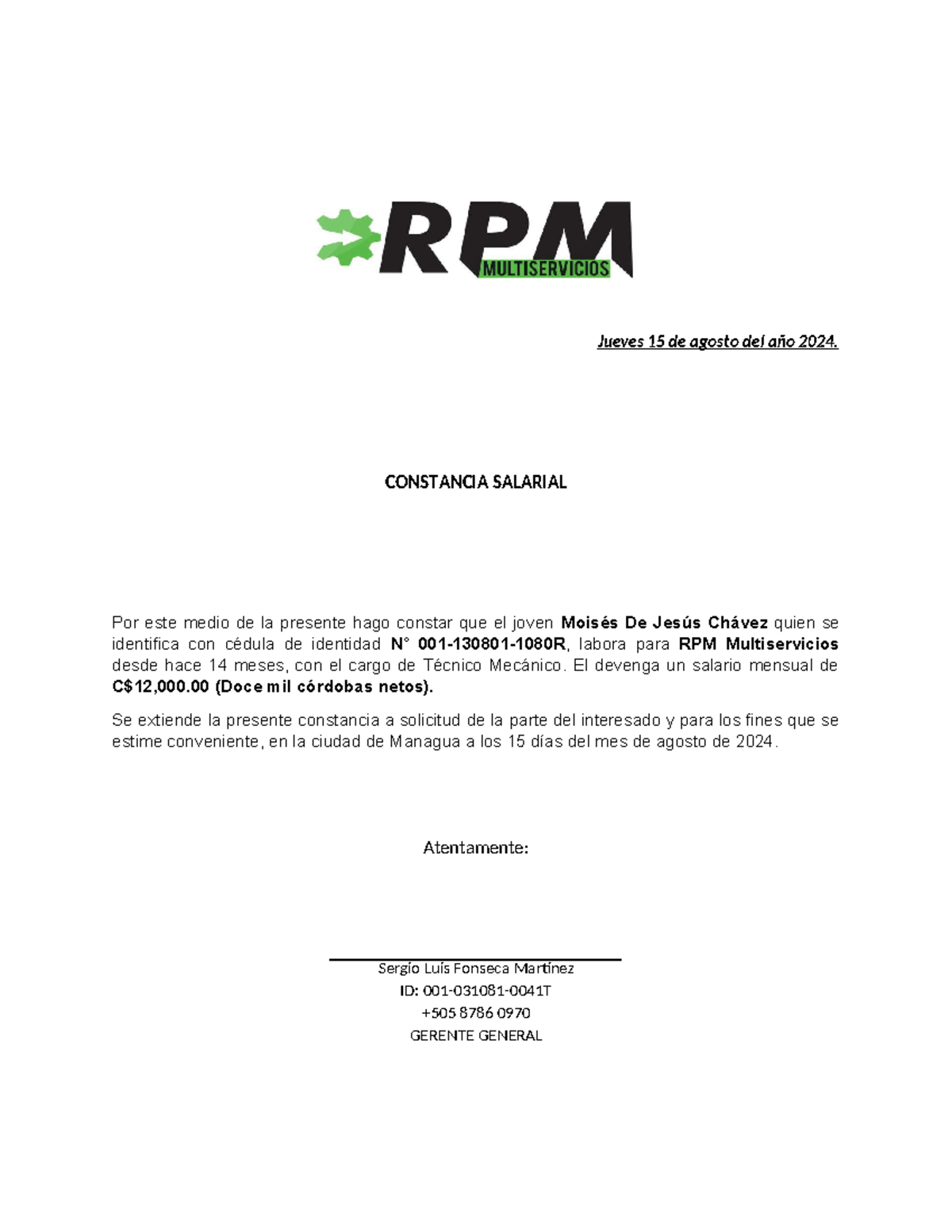 Carta Salarial Jueves 15 De Agosto Del Año 2024 Constancia Salarial Por Este Medio De La