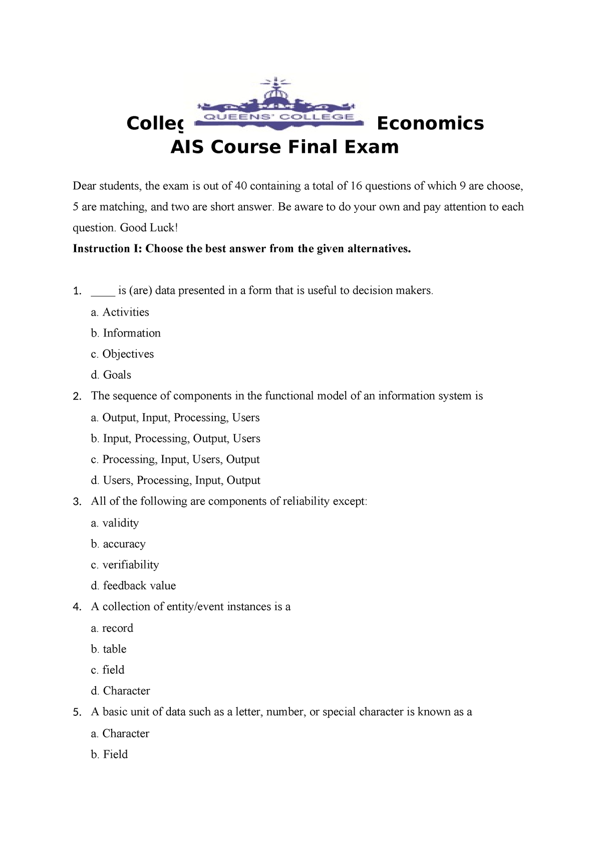 AIS Final Exam - QUEENS' COLLEGE College Of Business And Economics AIS ...