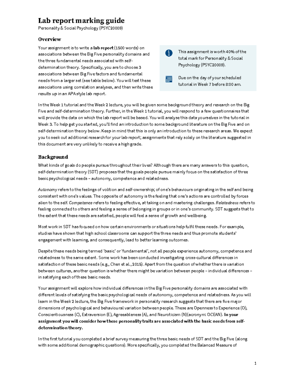 Lab report instructions and readings - Lab report marking guide ...