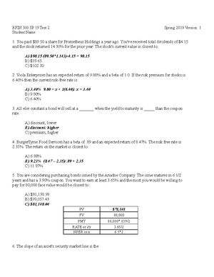 BFIN 300 SP16 Test 1 V1 - Practice Problems - BFIN 300 Test 1 Student ...