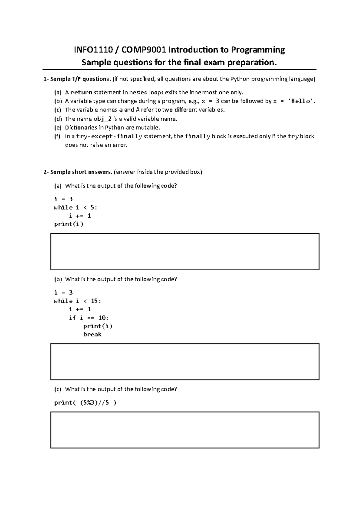 Sample Final Questions - INFO1110 / COMP9001 Introduction to ...