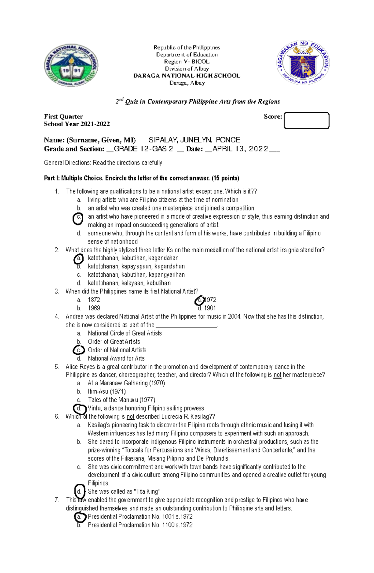 2nd Quiz in Contemporary Philippine Arts from the Regions d. someone