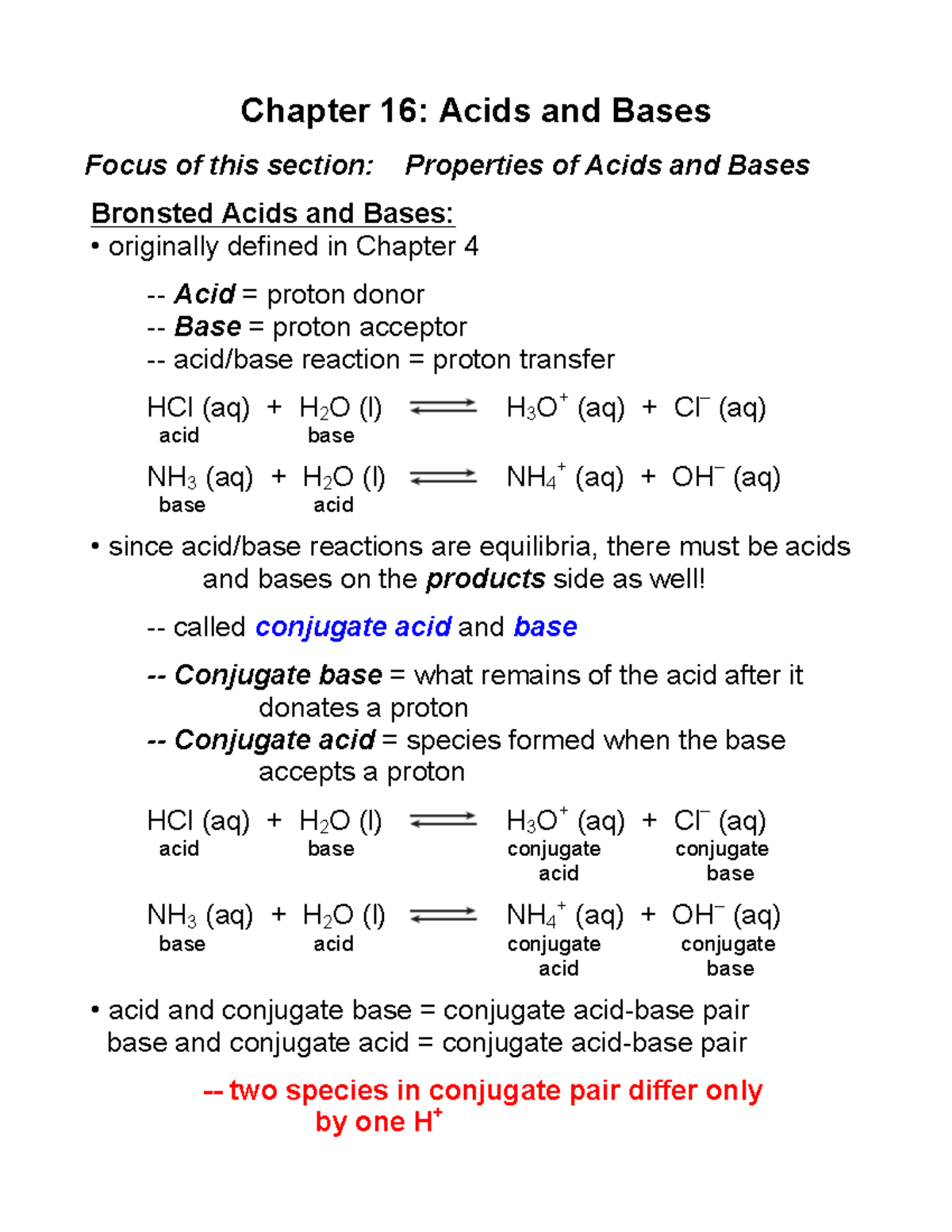 Chapter 16 Lecture Notes - Chapter 16: Acids and Bases Focus of this ...