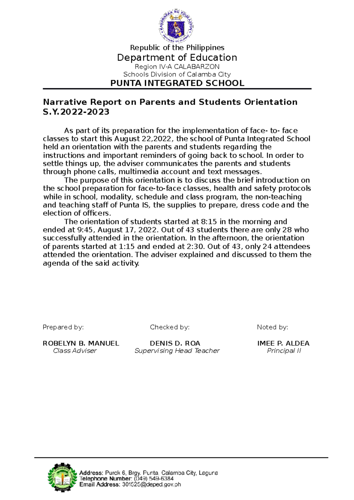 Narrative Report Orientation Republic Of The Philippines Department Of Education Region Iv A 5416