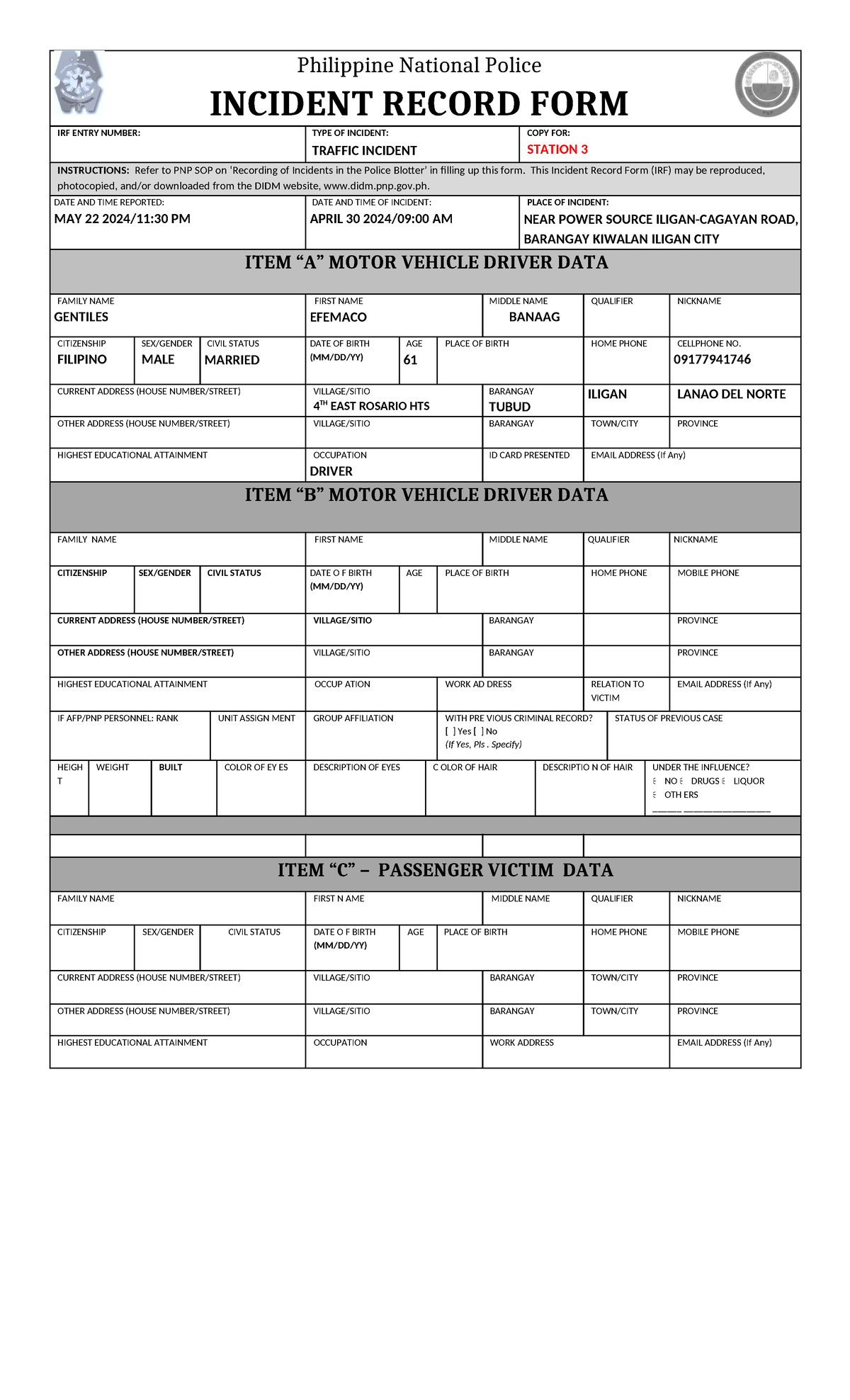 Gentiles FOR Insurance Claim - Philippine National Police INCIDENT ...