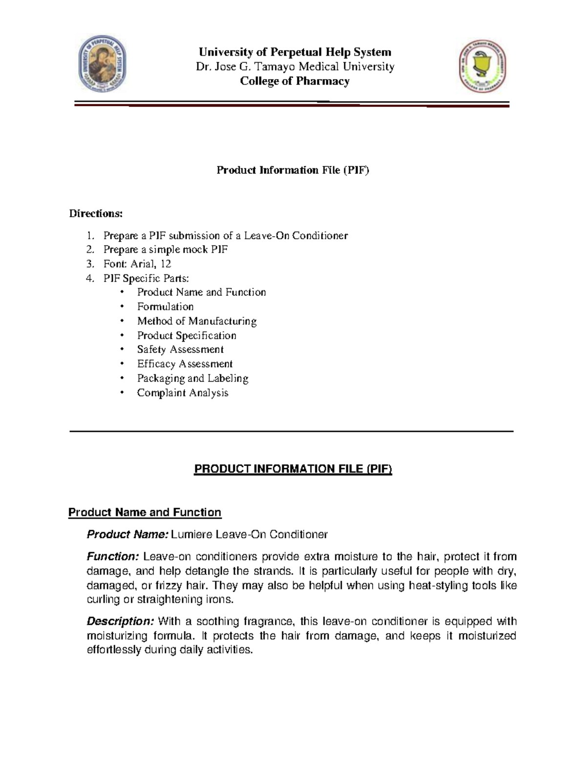 Product Information Profile (Mock product presentation) - Dr. Jose G ...