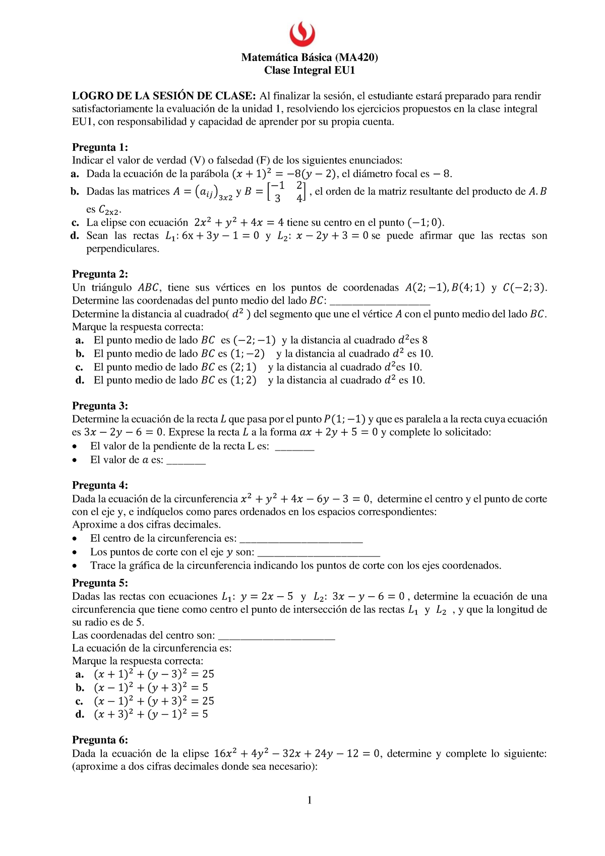 Clase Práctica 4.2 - Matemática Básica (MA420) Clase Integral EU LOGRO ...