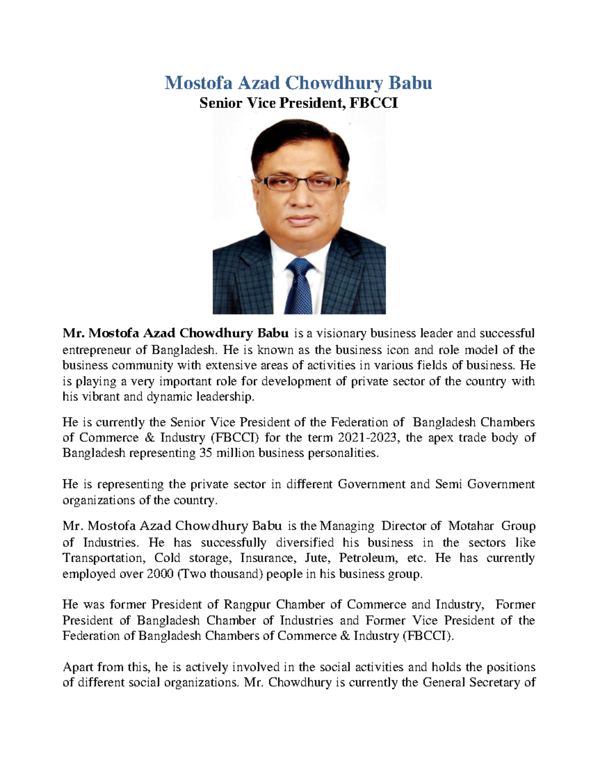 Biography-of-mr Mostafa Azad Babu Fbcci - Mostofa Azad Chowdhury Babu 