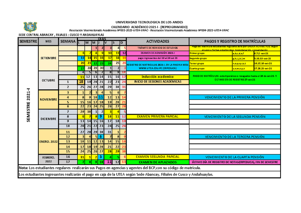 Calendario Academico Aprobado 2021-I Final Rectificado OCT - L M M J V ...