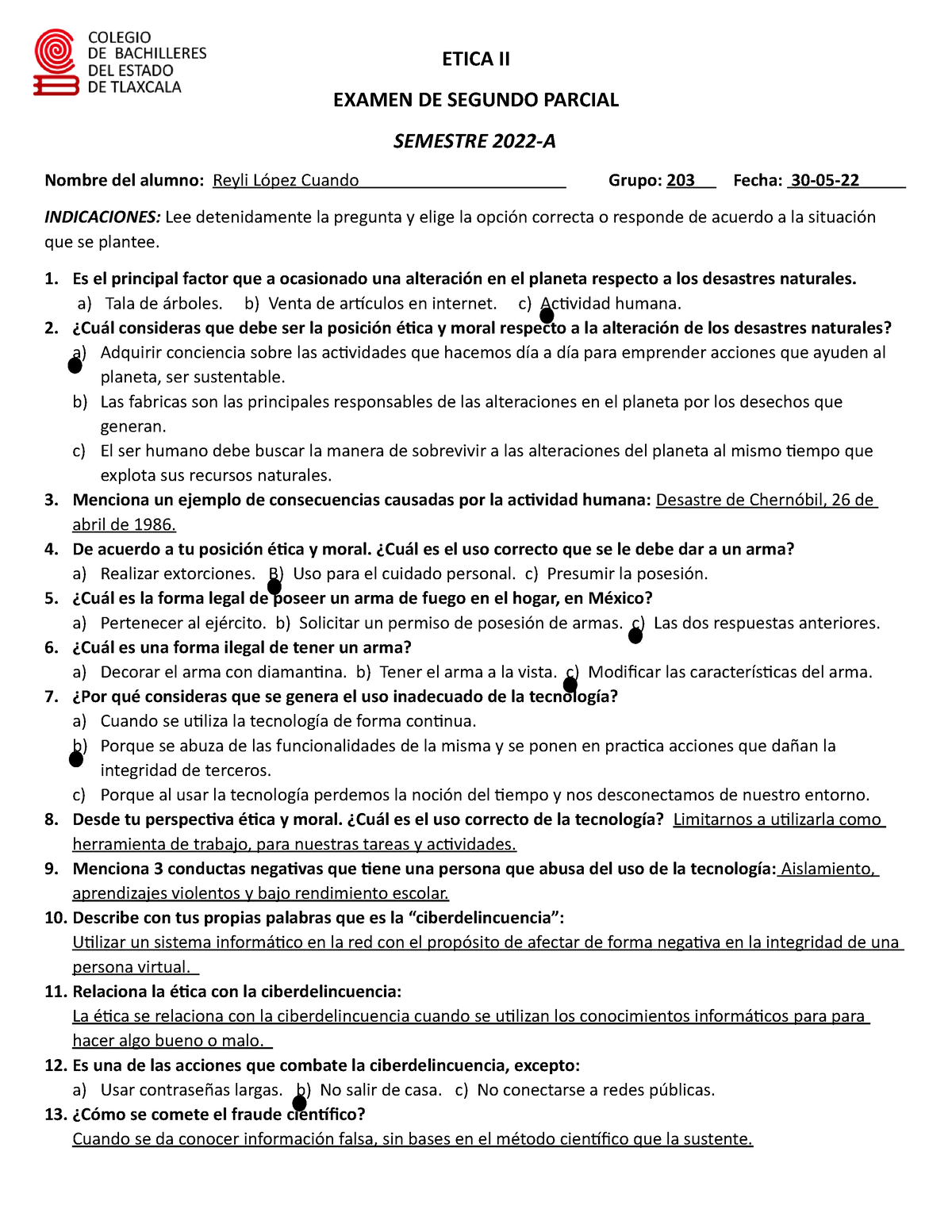 Examen Etica Ii Etica Ii Examen De Segundo Parcial Semestre 2022 A Nombre Del Alumno Reyli 4195