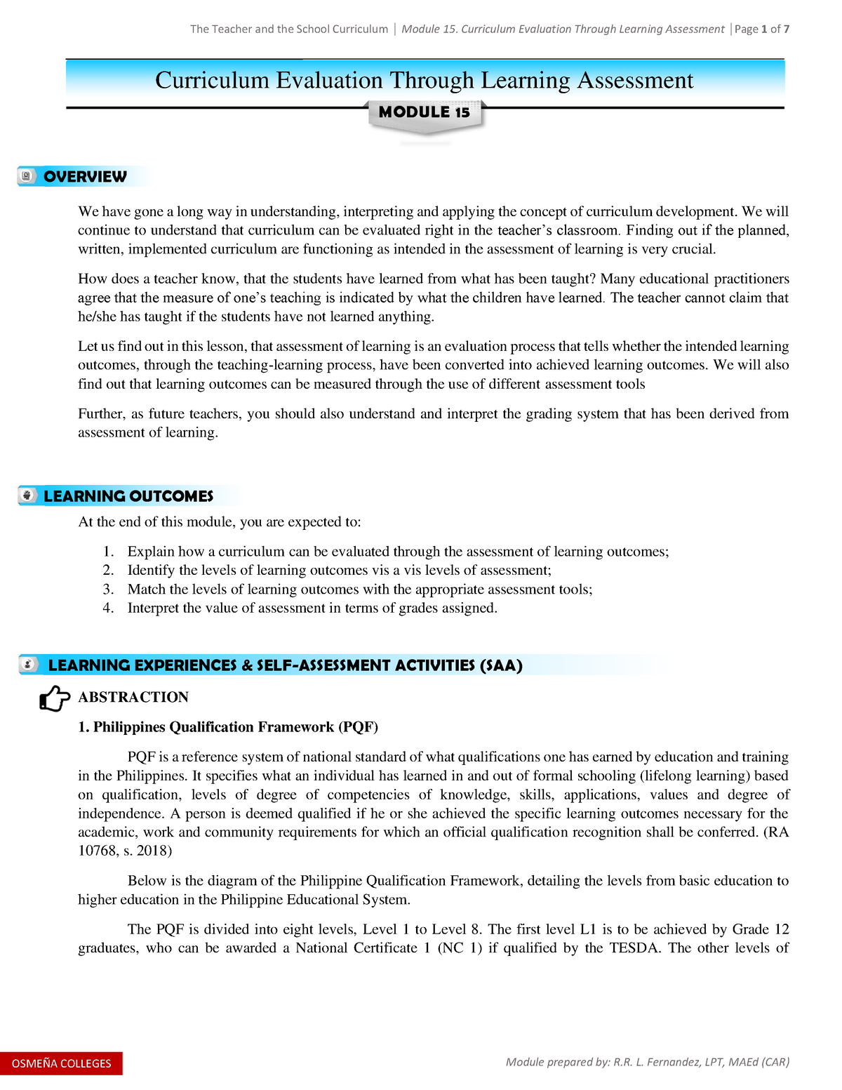 Module 15 Curriculum Evaluation Through Learning Assessment 