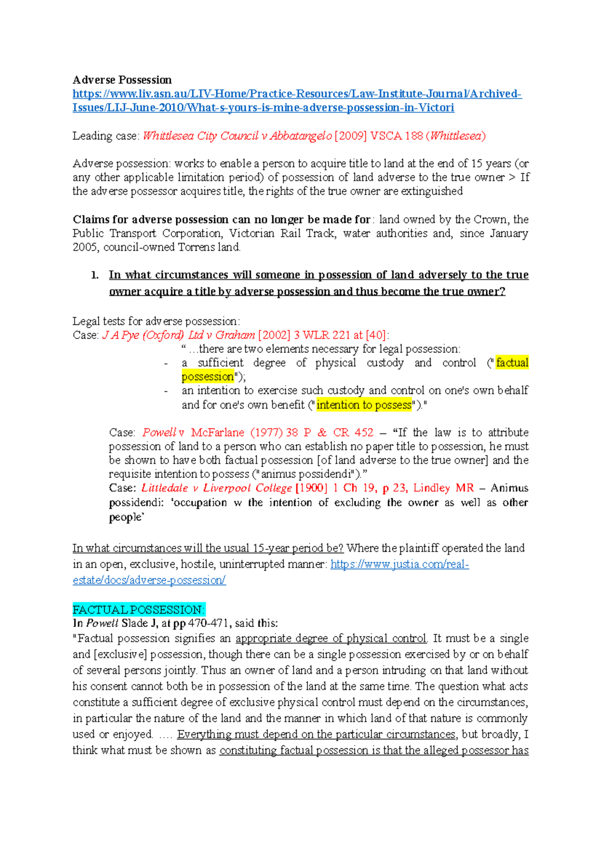 Adverse Possession - Lecture notes n/a - Adverse Possession - Studocu