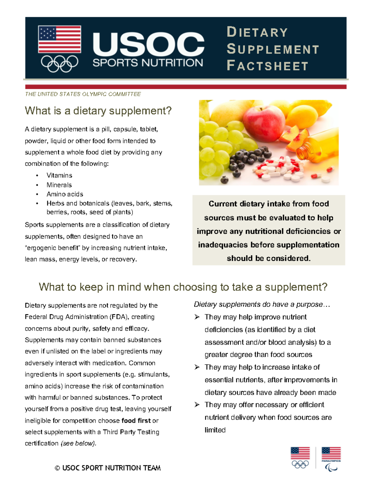 USOC Dietary Supplement Fact Sheet (2015 ) © USOC SPORT NUTRITION