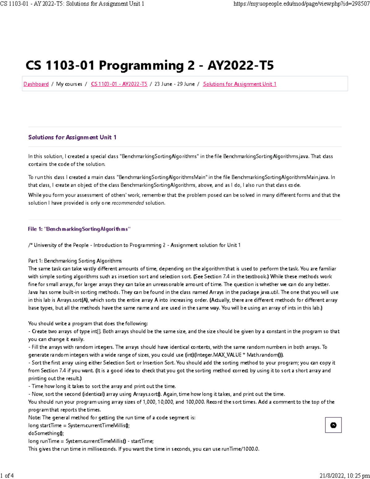 Sol Assign 1 - CS 1103-01 Programming 2 - AY2022-T Solutions For ...