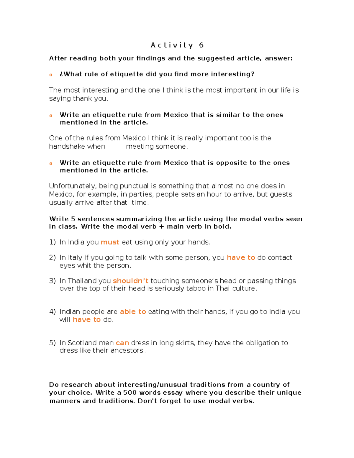 Act6 - Ingles basico - A c t i v i t y 6 After reading both your ...