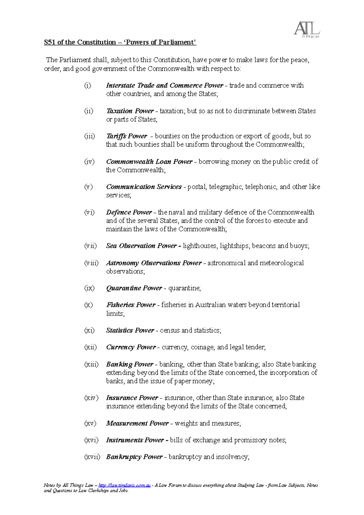 Constitutional Notes - S51 of the Constitution of The Parliament shall ...