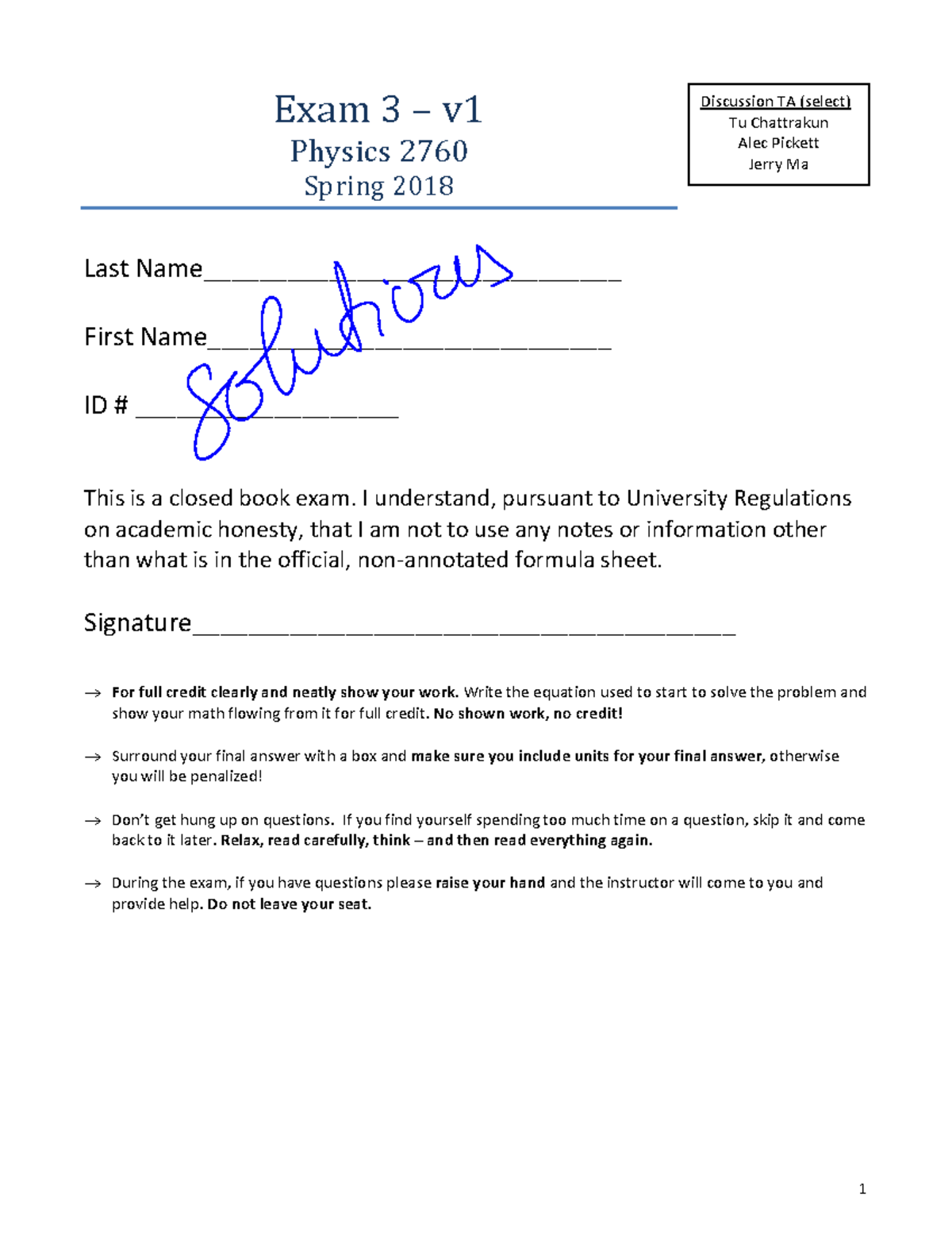 Exam03-SP2018 v1-solution - Exam 3 – v Physics 2760 Spring 2018 Last ...