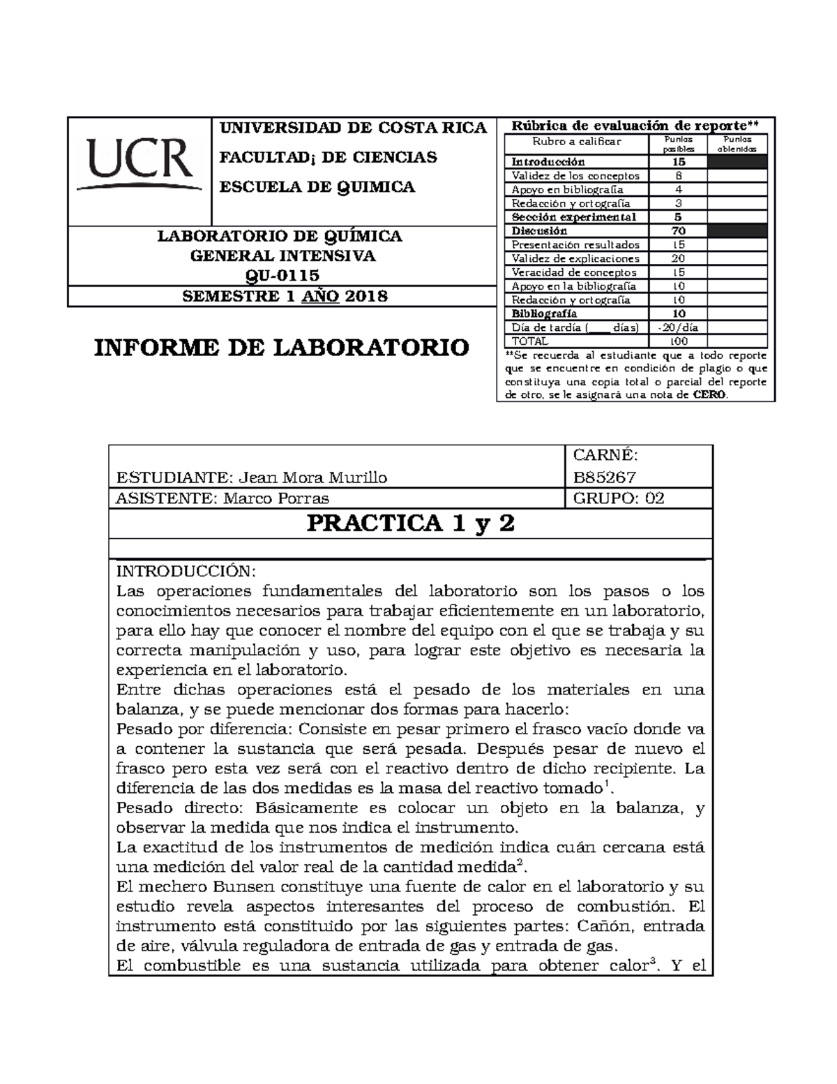 Informe Química Practica 1 Y 2 Operaciones Fundamentales Del