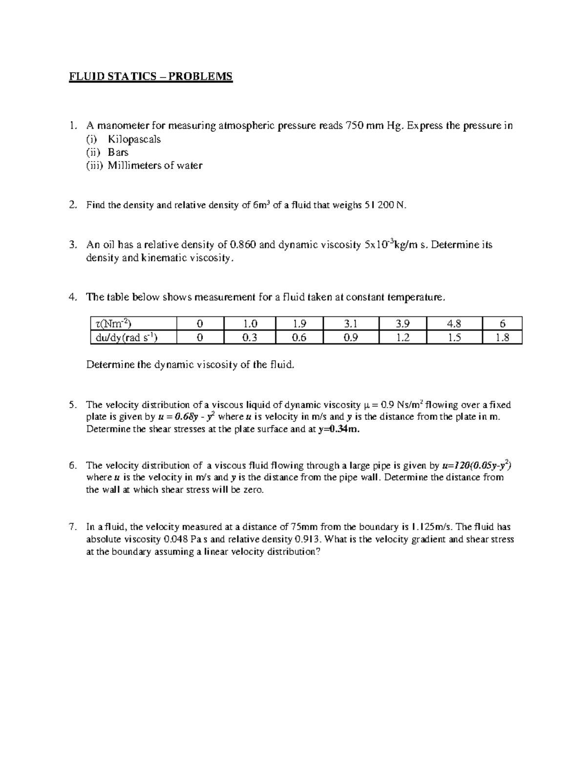 Fluid AND Their Properties Tutorial Problems - FLUID STATICS – PROBLEMS ...