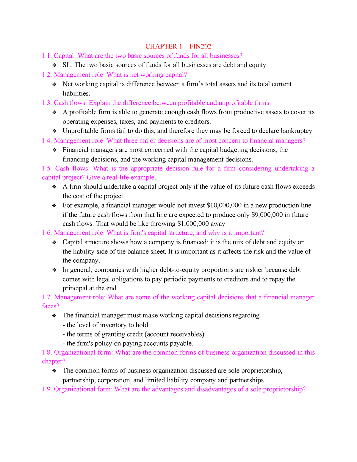 Fin202 Exercise Chap 1 - CHAPTER 1 – FIN Capital: What Are The Two ...