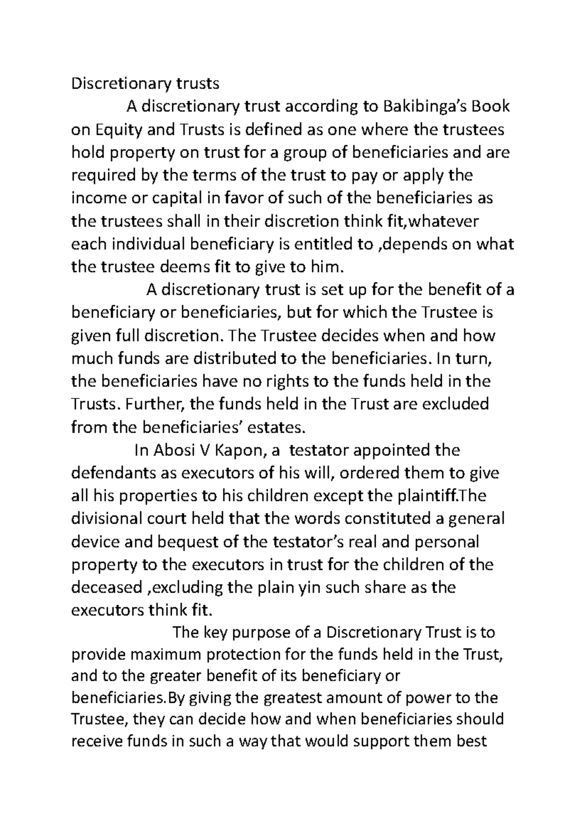 Discretionary and Protective trusts - Discretionary trusts A ...