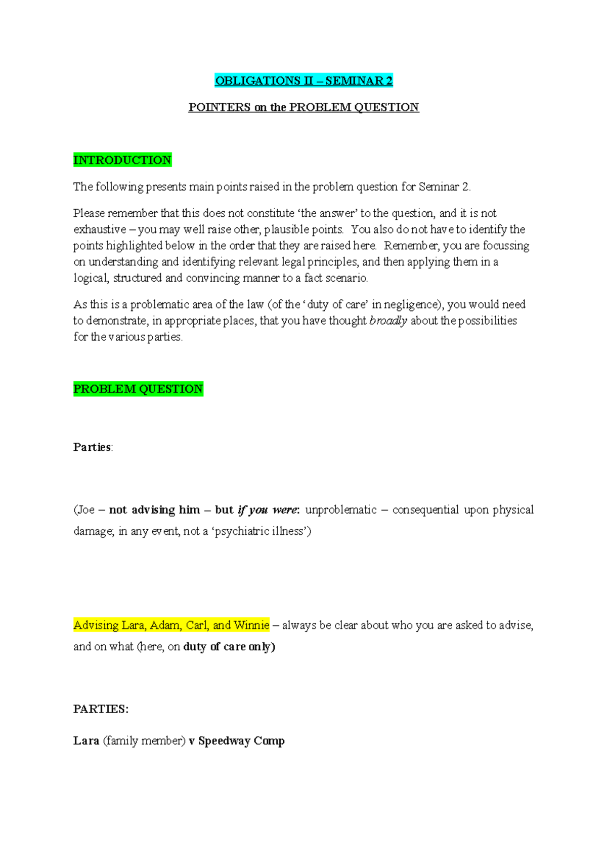 Seminar 2 pointers - Notes - OBLIGATIONS II – SEMINAR 2 POINTERS on the ...