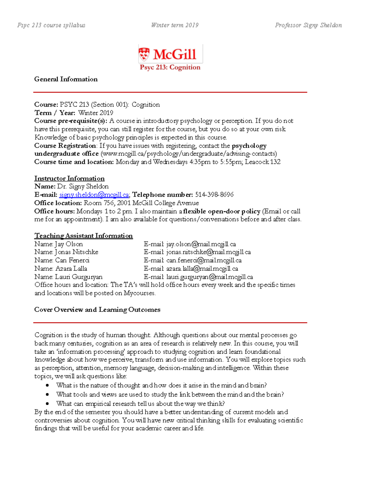 Cognition Syllabus 2019 - Psyc 213 course syllabus Winter term 2019 ...