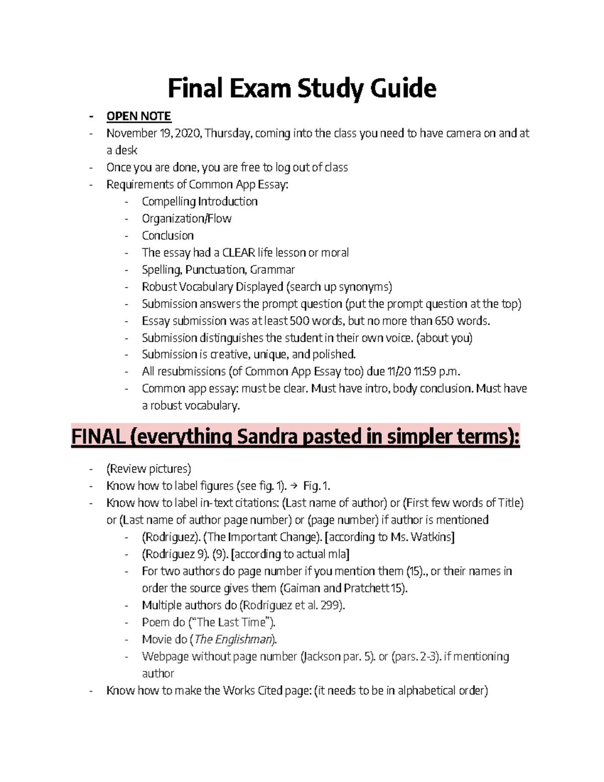 ENC1101 Final Exam Study Guide - Final Exam Study Guide - OPEN NOTE ...