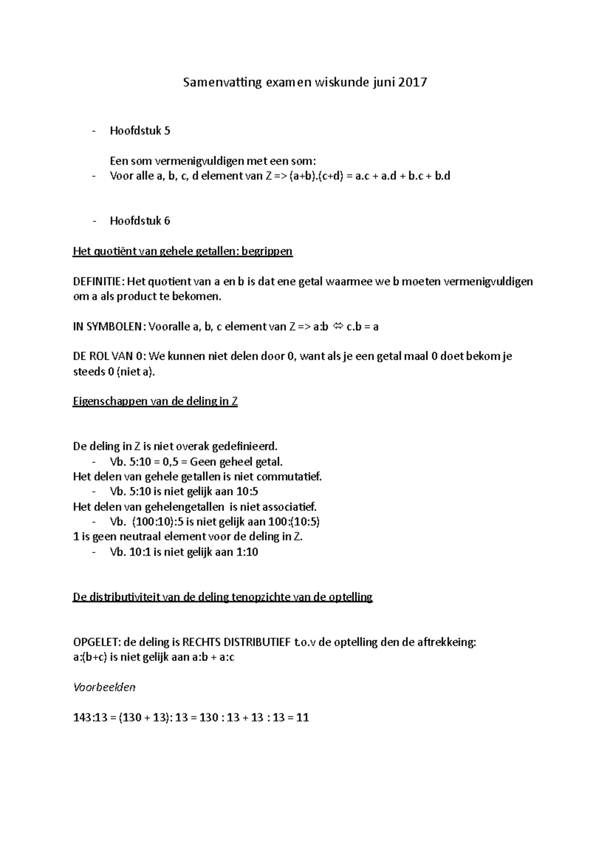 Samenvatting Examen Wiskunde Juni C D A A B B Hoofdstuk Het Quoti Nt Van