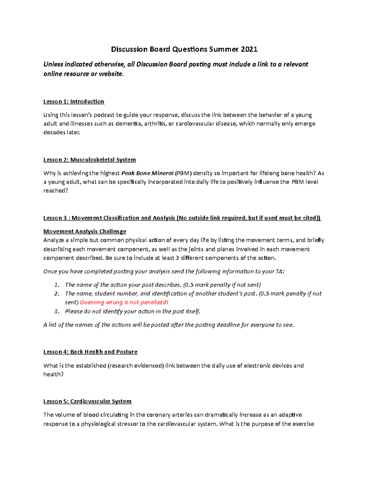 Exci 202 Discussion Board questions Discussion Board Questions Summer