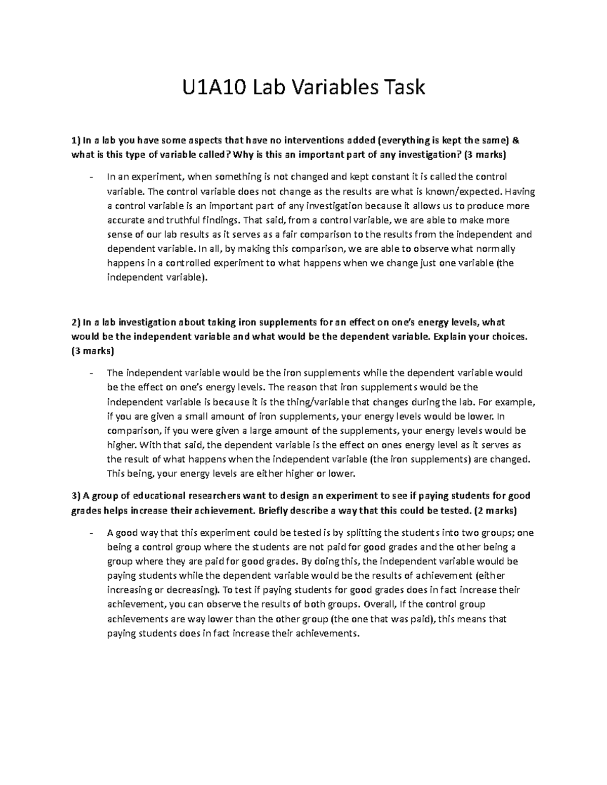 Lab Variables Task The control variable does not change as the