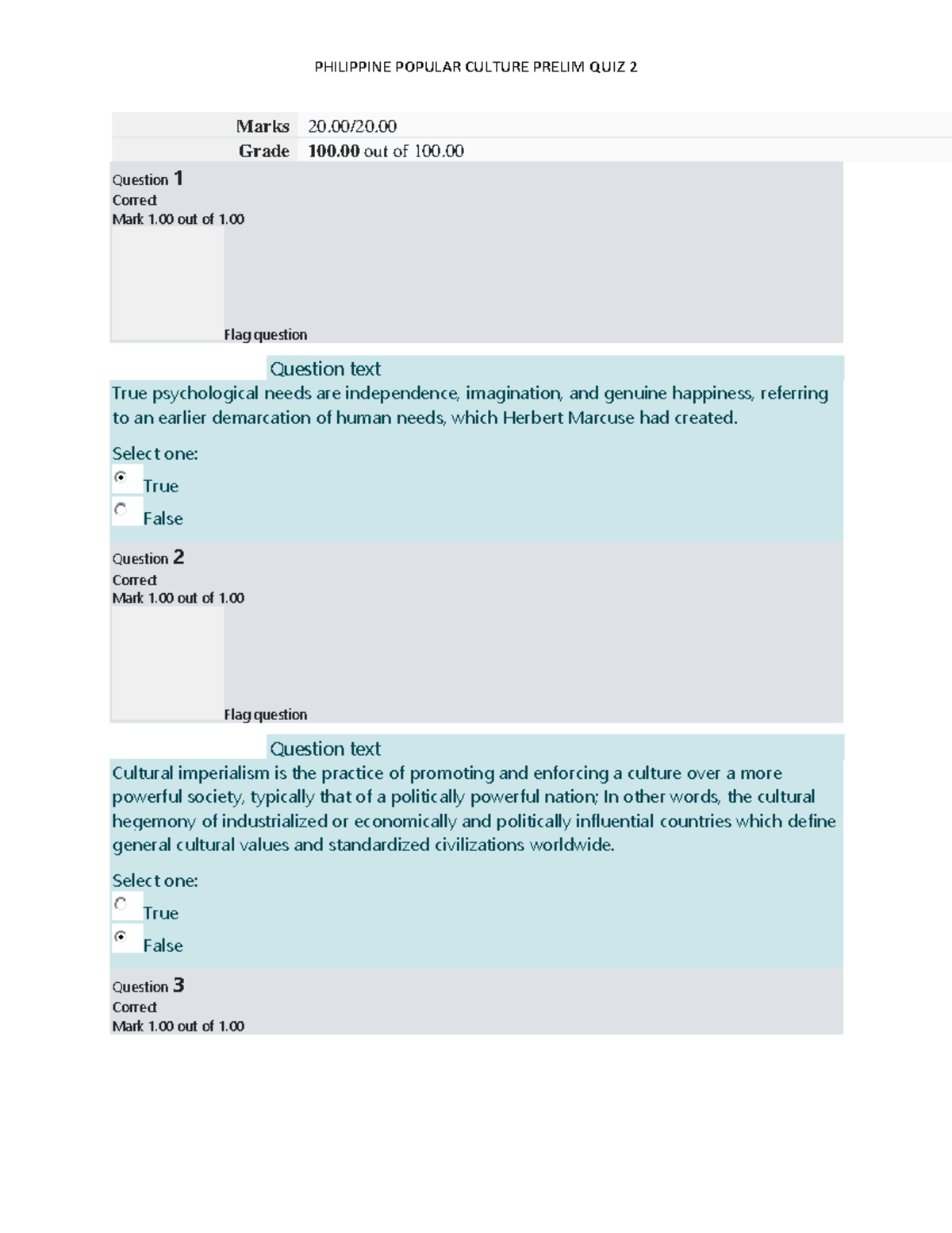 Philippine Popular Culture Prelim Quiz 1 - Marks 20/20. Grade 100 out ...