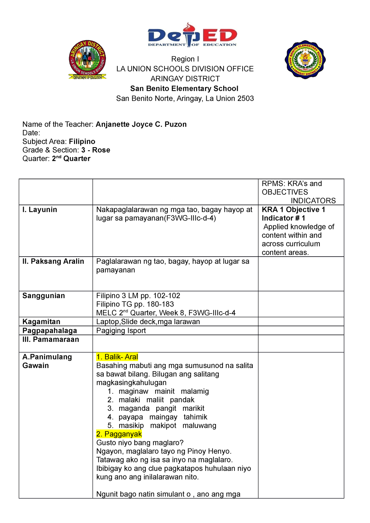 Kailanan Ng Pangngalan Grade 1 Lesson Plan 7724