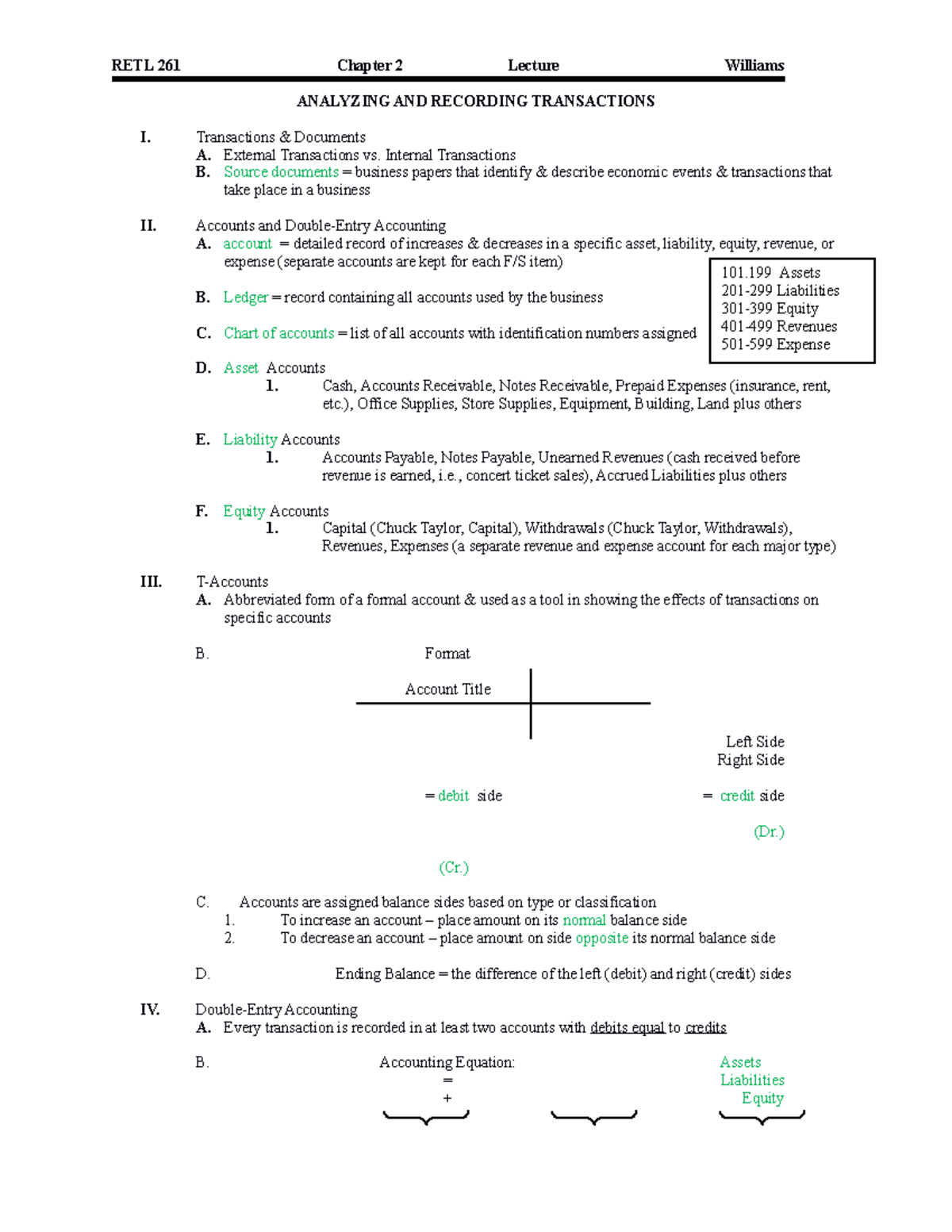 Chapter 2 Notes - ANALYZING AND RECORDING TRANSACTIONS I. Transactions ...