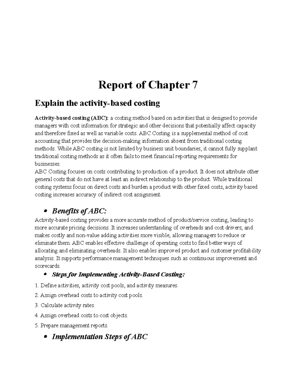 Cost Accounting - report of chapter 7 - Report of Chapter 7 Explain the ...