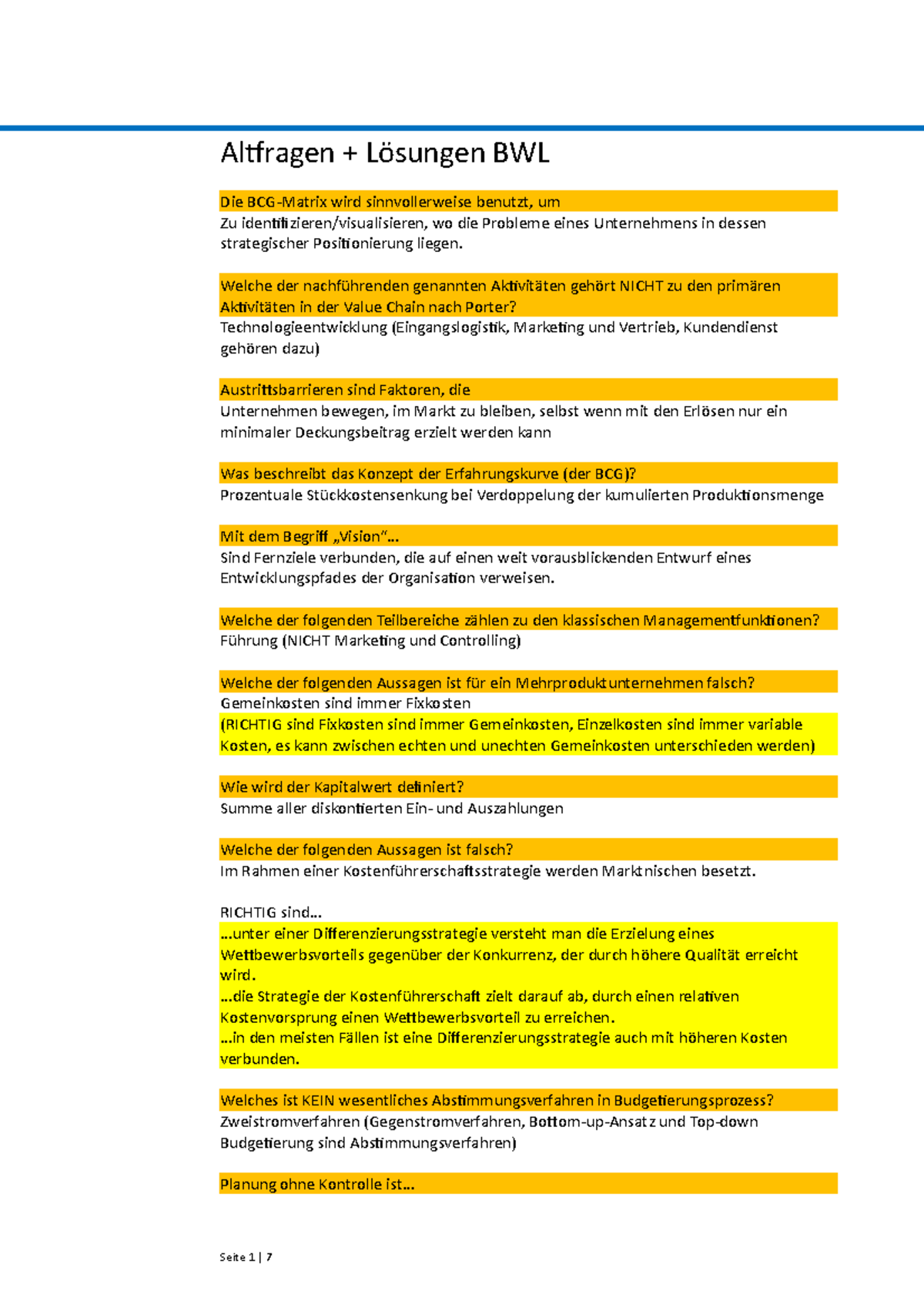 Klausur, Fragen Und Antworten - Altfragen + Lösungen BWL Die BCG-Matrix ...