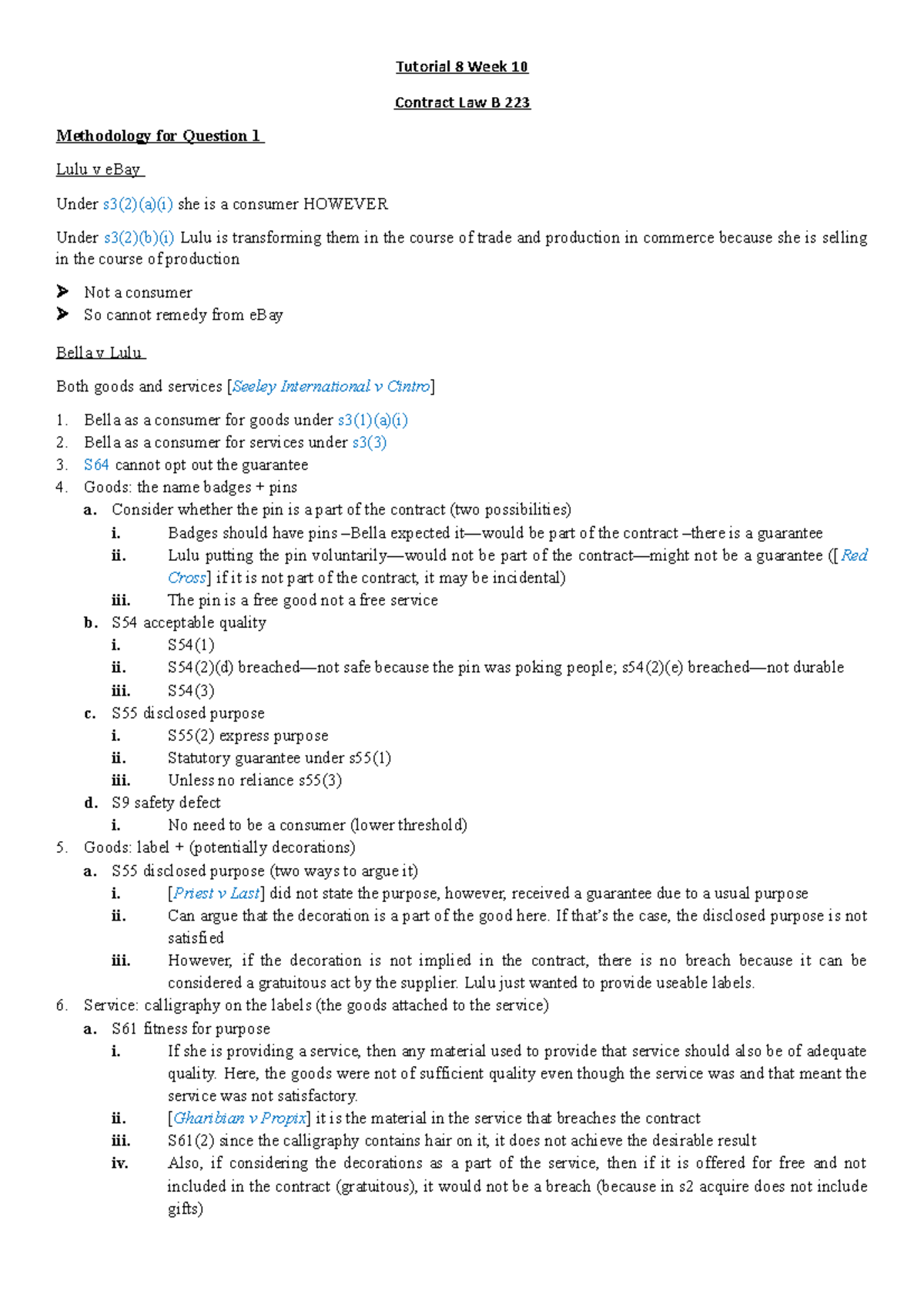 Tutorial 8 Week 10 Q - Tutorial 8 Week 10 Contract Law B 223 ...