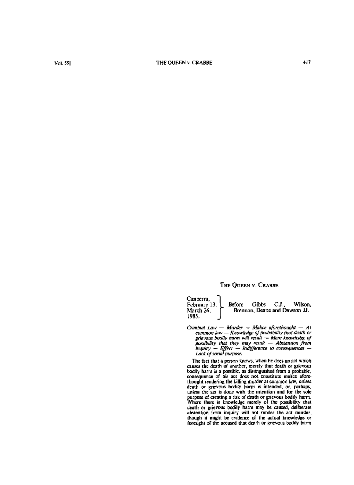 R V Crabbe 1985 59 Aljr 417 Pdf The Queen V Canberra February13