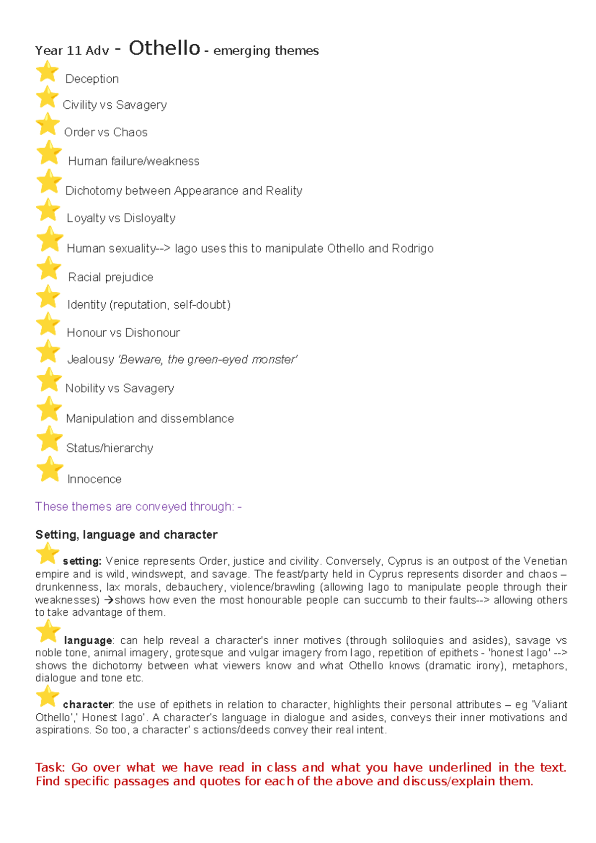 Othello emerging themes - Year 11 Adv - Othello - emerging themes ...