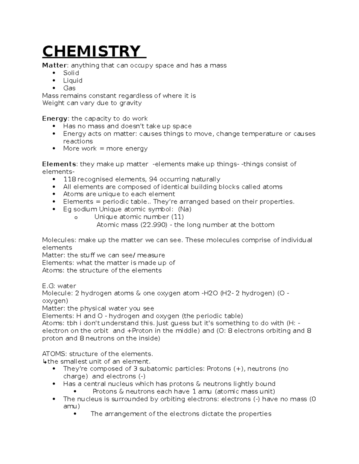 Chemistry - simplified notes - CHEMISTRY Matter: anything that can ...