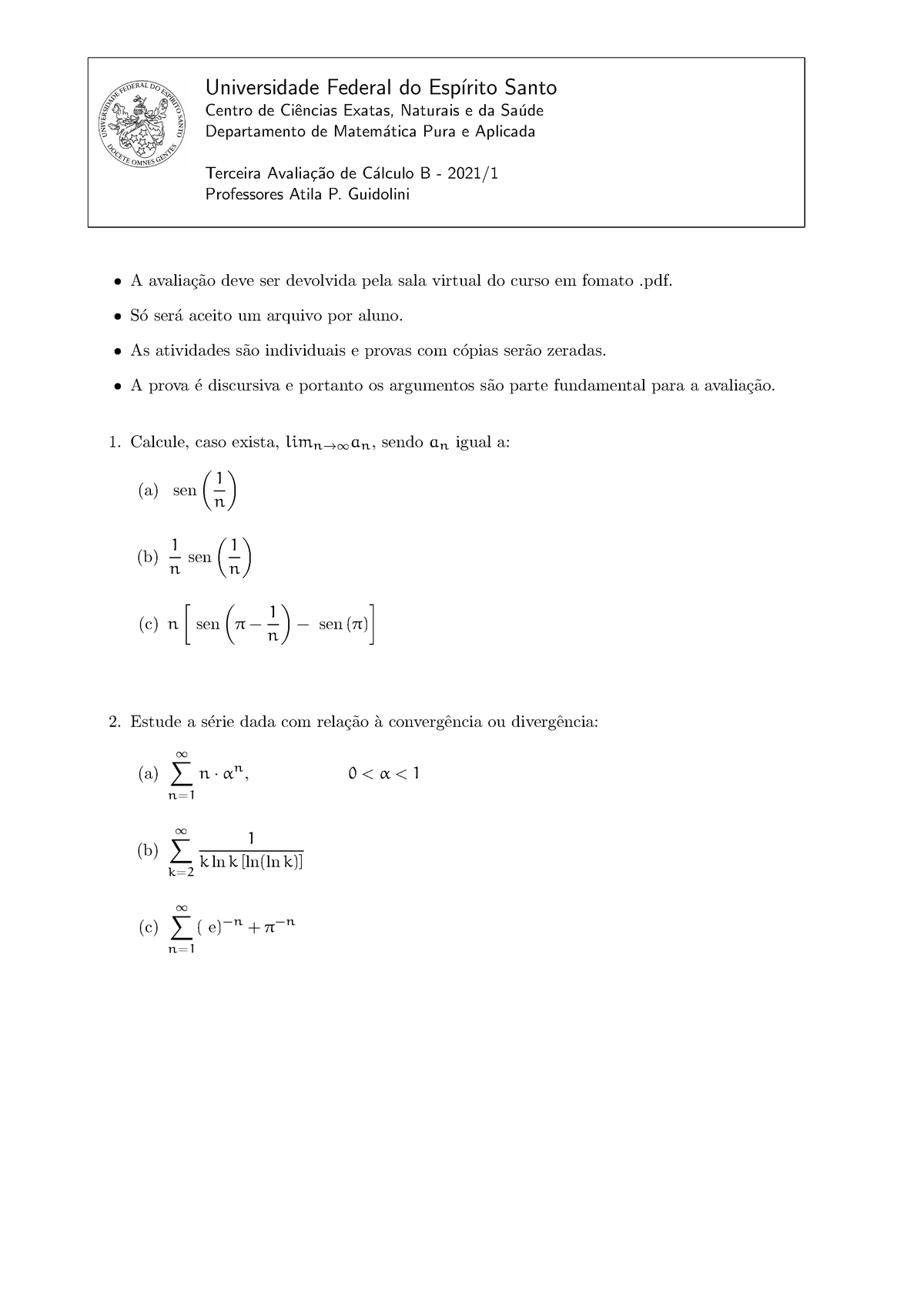 Prova Cálculo B - Séries E Teste Da Integral (Somente Perguntas ...