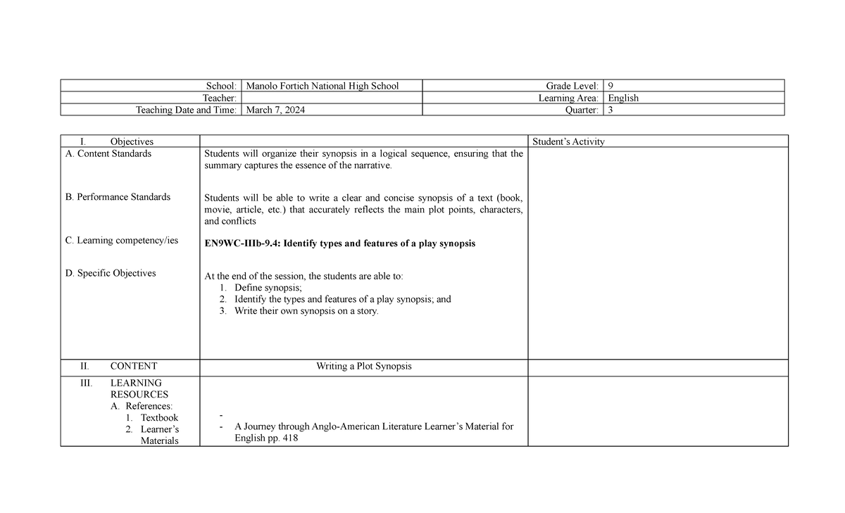 Synopsis - School: Manolo Fortich National High School Grade Level: 9 ...